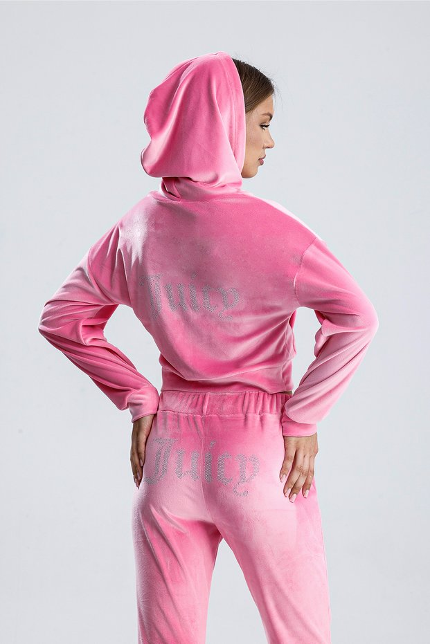 Women’s Velvet Juicy Rhinestone Stone Printed Tracksuit Bottom and Top Set Pink