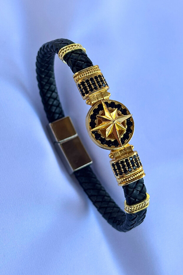 Genuine Leather Men's Bracelet Made with Compass Zircon Stone Braided Handcrafted
