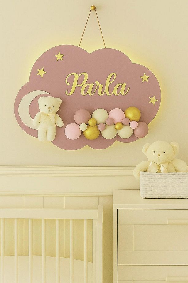 İstediğiniz Ismi Yazıyoruz - Bubble Ayıcıklı Ledli Bulut Bebek Kapı Süsü - 2