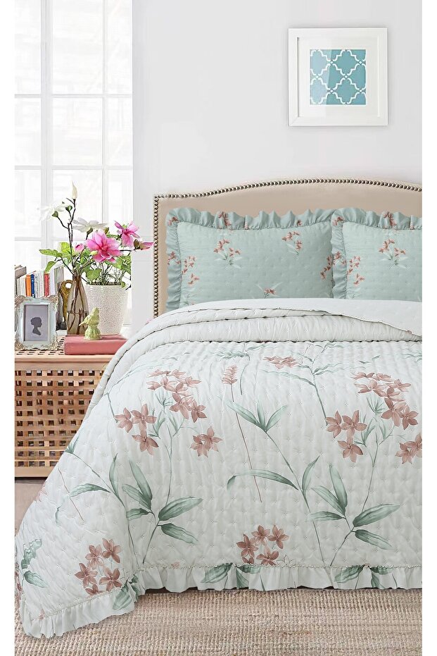 Ruffled Patterned Double Bedspread Set - 240x260 cm - With PVC Bag - Daily Use and Bridal Trousseau