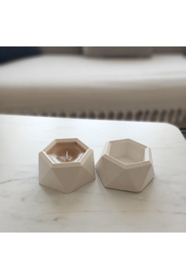 Geometrik Tasarımlı El Yapımı Alçı Biblo Ve Mumluk Seti – Modern Minimal Dekor - 4
