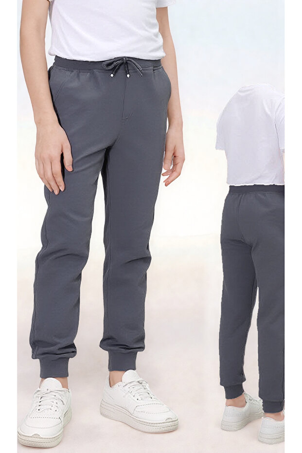 Boys' Knitted Cotton Combed School Trousers – 100% Cotton – Elastic Waist and Legs – Gray Color