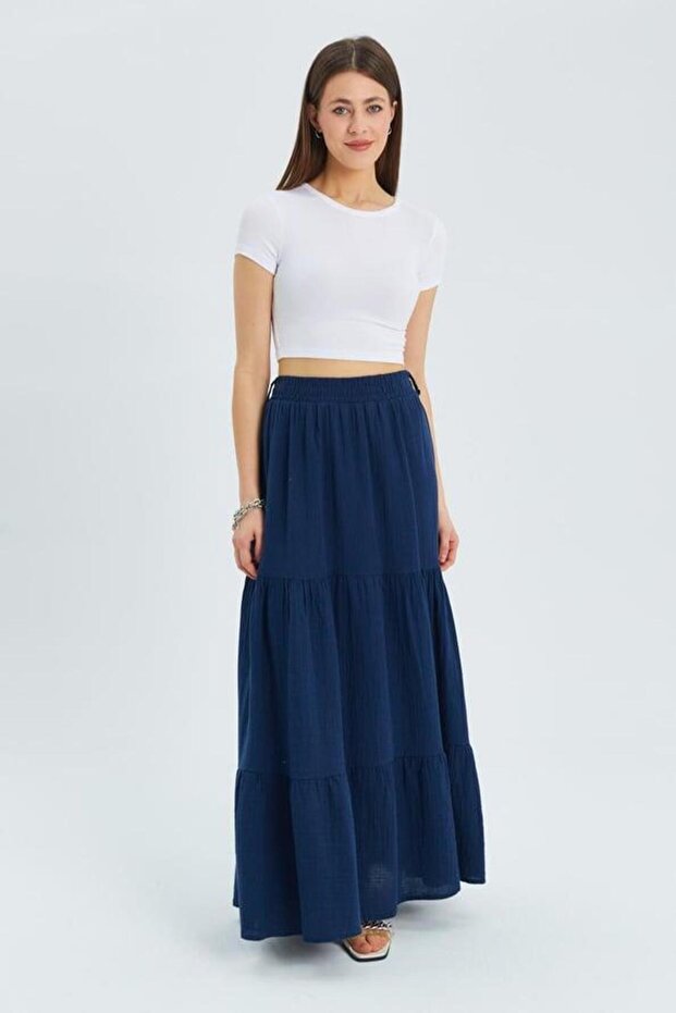 4567 Women's Ruffled Long Muslin Skirt Navy Blue