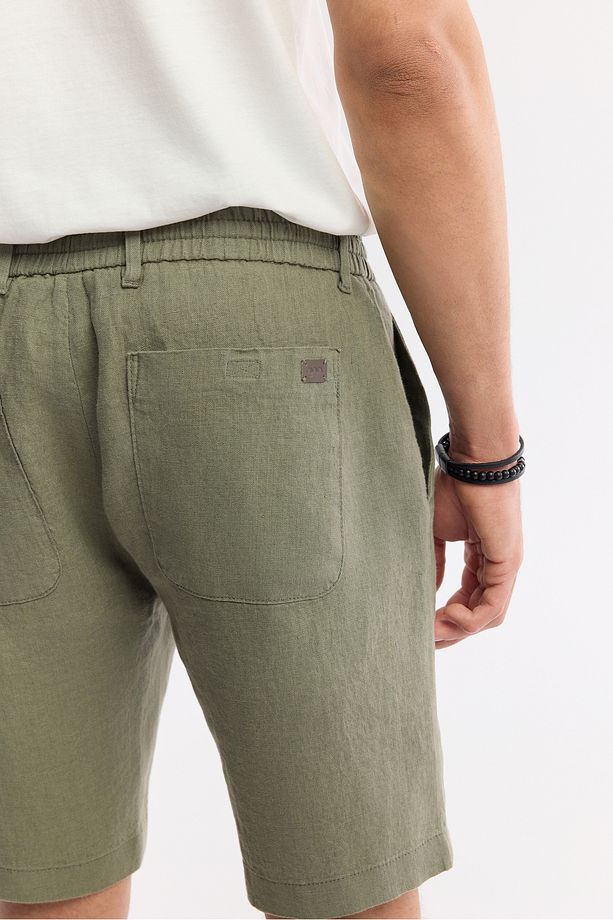 Erkek Haki Relaxed Fit Beli Lastikli %100 Keten Assos Şort B003732 - 5