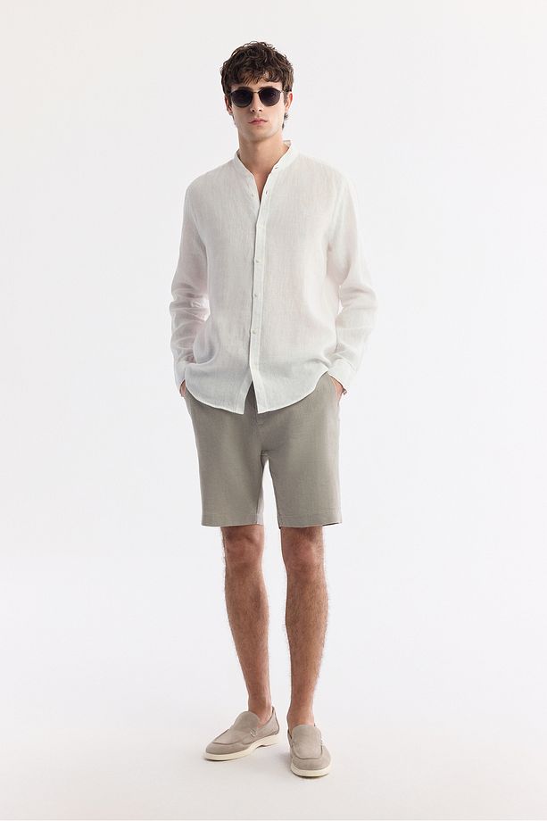 Erkek Gri Relaxed Fit Beli Lastikli %100 Keten Assos Şort B003732 - 1