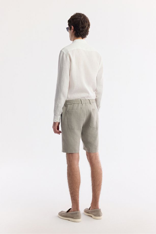 Erkek Gri Relaxed Fit Beli Lastikli %100 Keten Assos Şort B003732 - 3