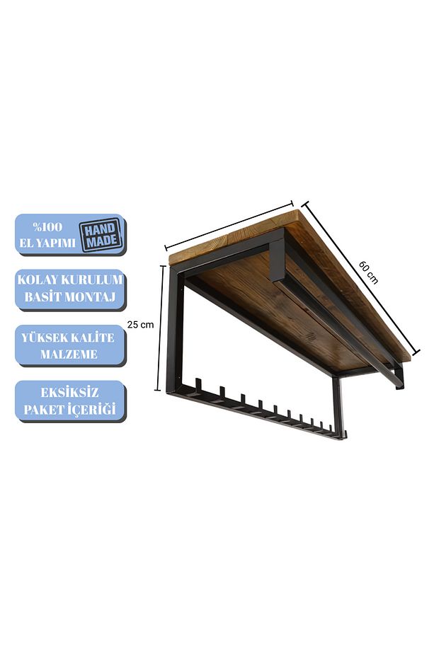 Dekoratif Demir Raflı Duvar Askısı - Ahşap Tabla Metal Askılık - Elbise Askısı - Modern Design - 4