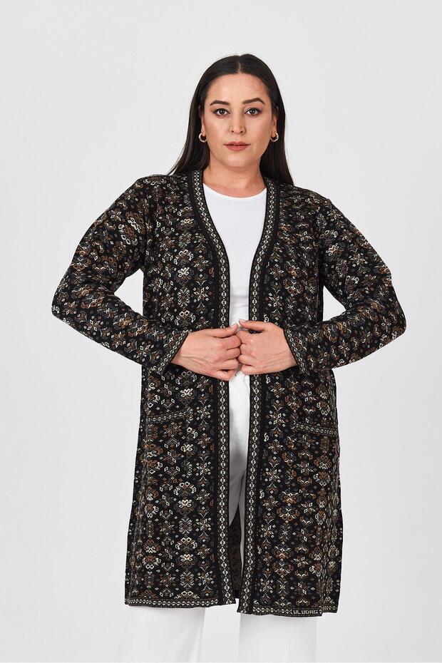 Women's Black Floral Print Long Pocket Kilim Cardigan