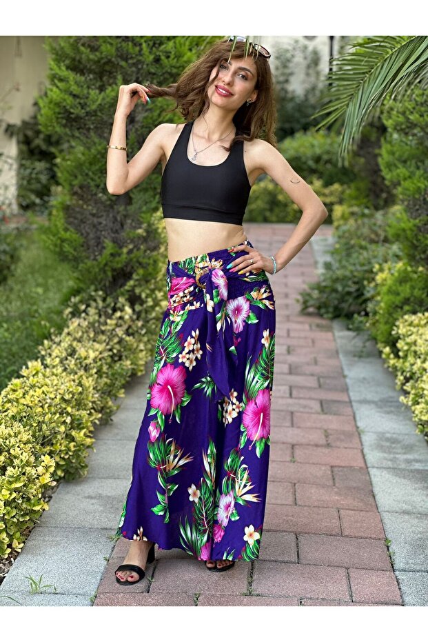 Bamboo Belt Elastic Flowered Spanish Women's Long Skirt