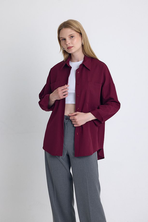 Bordo Çift Cepli Oversize Uzun Basic Gömlek Tcr 6256a - 1