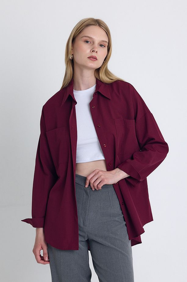 Bordo Çift Cepli Oversize Uzun Basic Gömlek Tcr 6256a - 7
