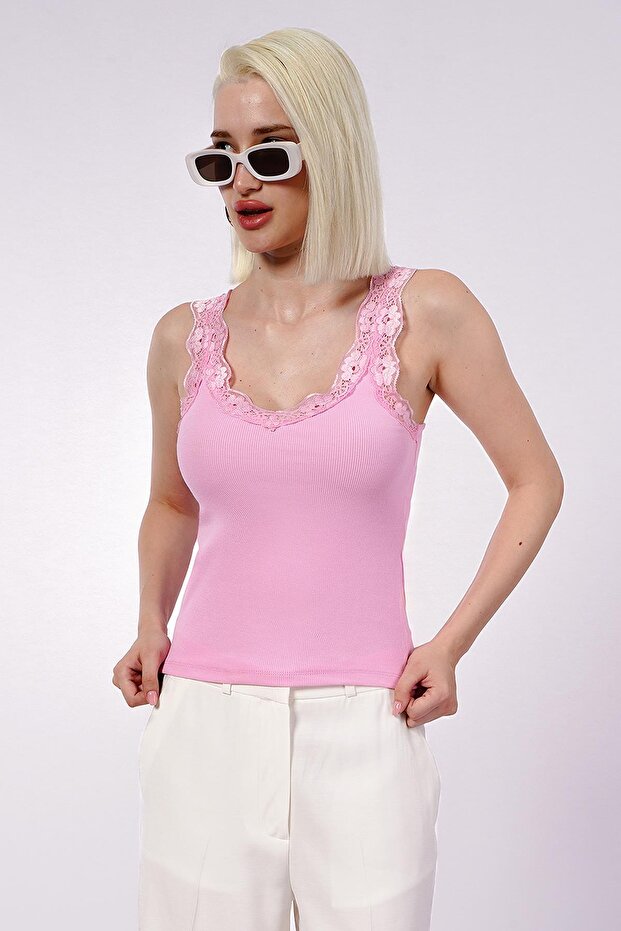 Pembe Dantelli Basic Kadın Atlet SH251 - 2