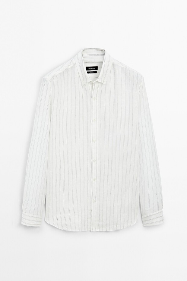 Regular Fit Çizgili Keten Gömlek - 5