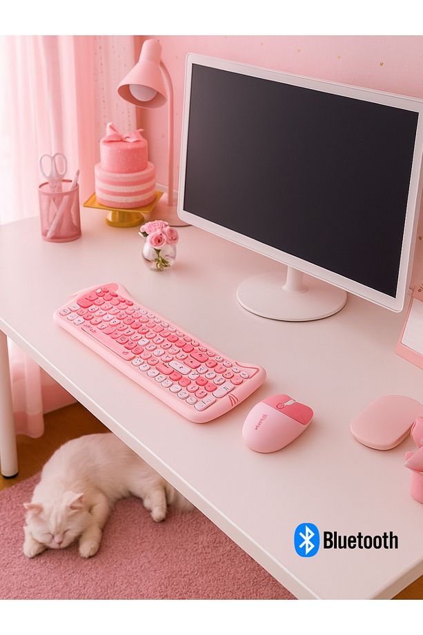 Sevimli Kedi Kablosuz Klavye ve Mouse Seti Bluetooth + 2.4G Dual Mode - 1
