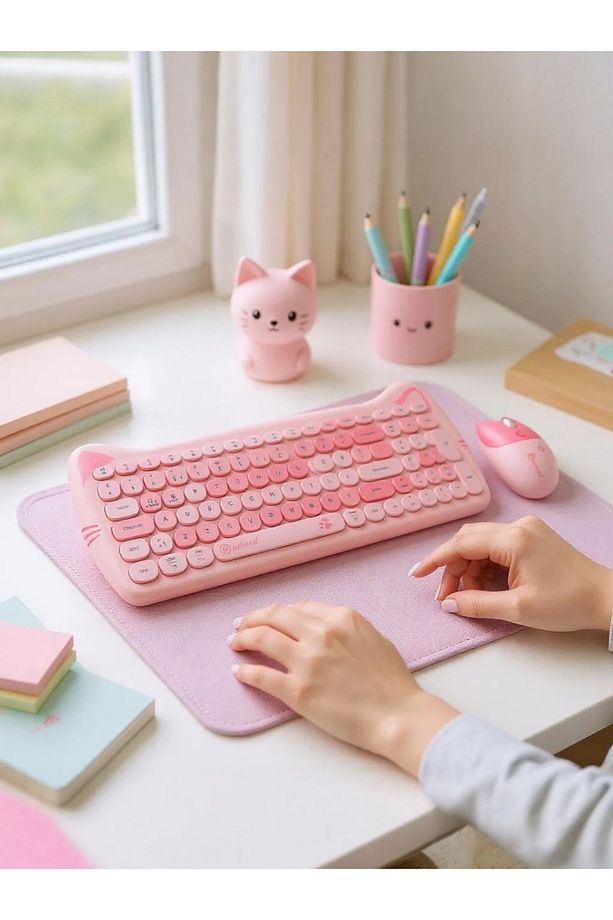 Sevimli Kedi Kablosuz Klavye ve Mouse Seti Bluetooth + 2.4G Dual Mode - 4