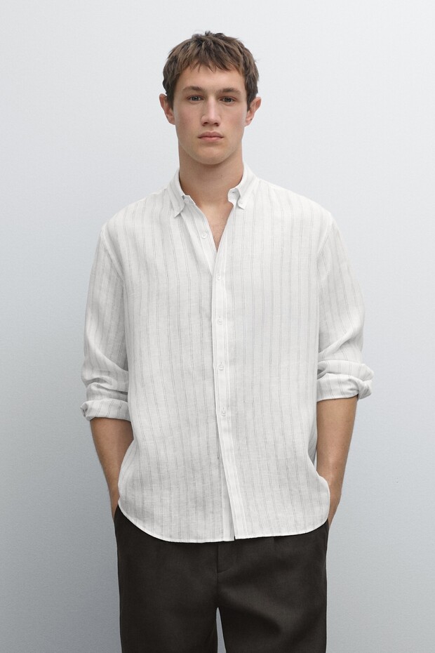 Regular Fit Çizgili Keten Gömlek - 2