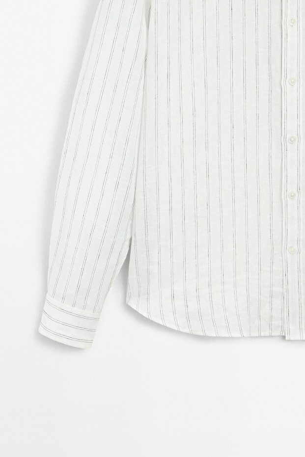 Regular Fit Çizgili Keten Gömlek - 7