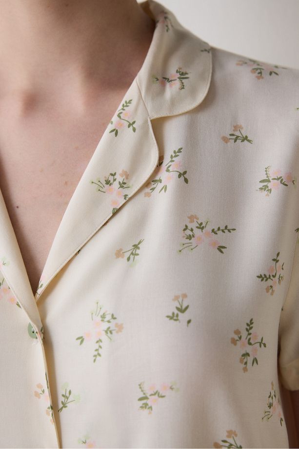 Bloom Printed Gömlek Pantolon Ekru Pijama Takımı - 4