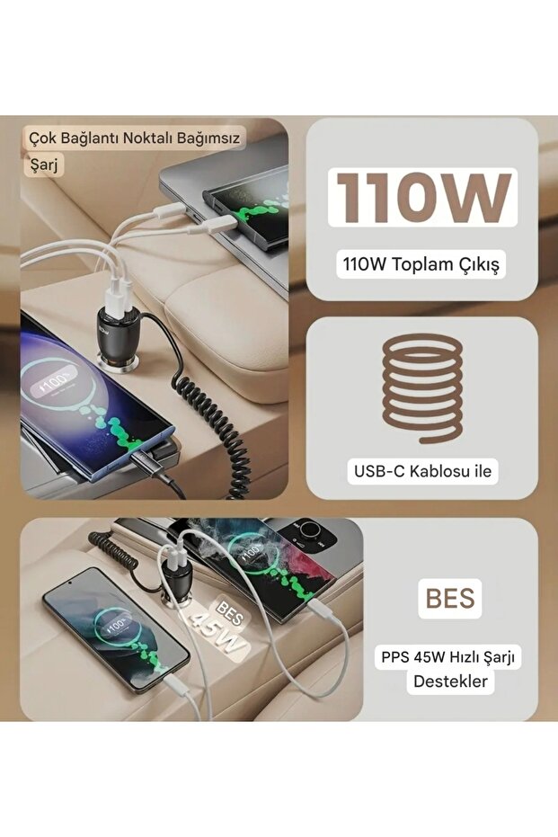 Toocki 110W Yaylı Şarj Kablolu 3 Girişli Type-C ve Usb Hızlı CE Lisanslı Orjinal Sağlam Araç Şarj - 2