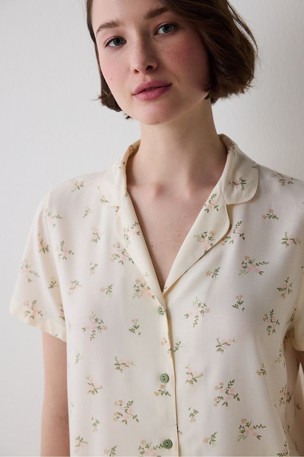 Bloom Printed Gömlek Pantolon Ekru Pijama Takımı - 3