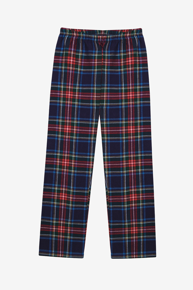 Pamuklu Unisex Çocuk Navy Plaid Fam Kırmızı Gömlek Pijama Takımı - 3