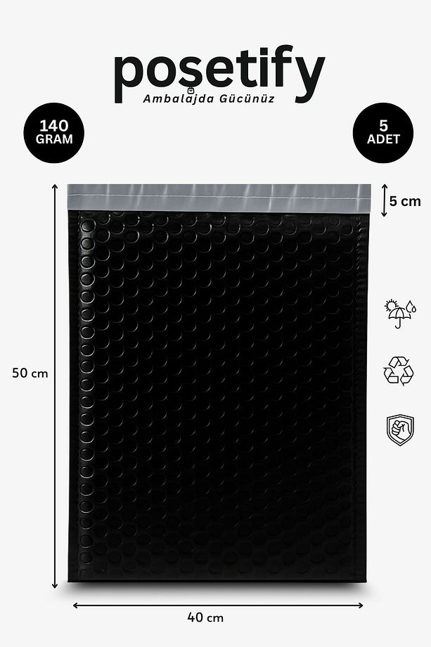 Balonlu Siyah Kargo Poşeti 40x50+5 cm | 140 gr Bantlı Patpatlı Kargo Poşeti | 5’li E-Ticaret Poşeti - 1