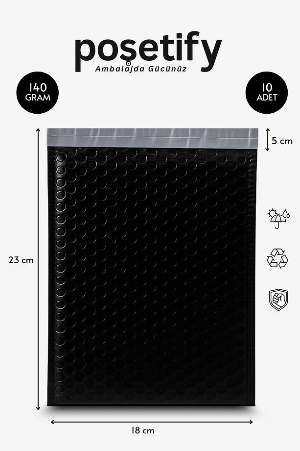 Balonlu Siyah Kargo Poşeti 18x23+5 cm | 140 gr Bantlı Patpatlı Kargo Poşeti | 10’li E-Ticaret Poşeti - 1