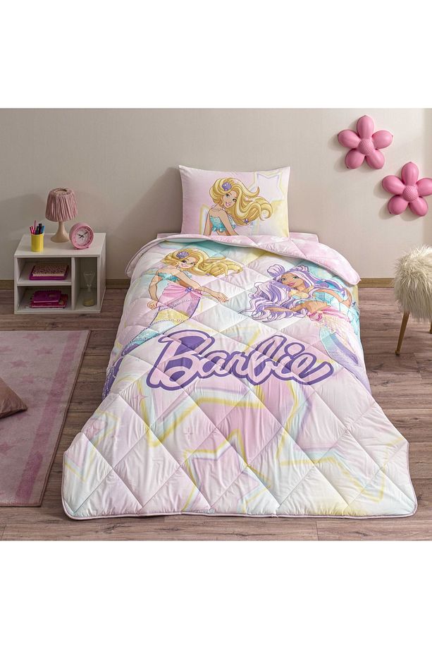 Taç Lisanslı Barbie Mermaid Tek Kişilik Pamuk Yorgan Seti - 1