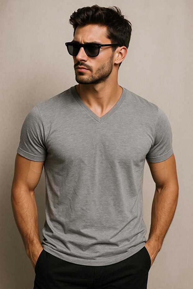 Men's 100% Cotton Short Sleeve V-Neck Gray T-Shirt