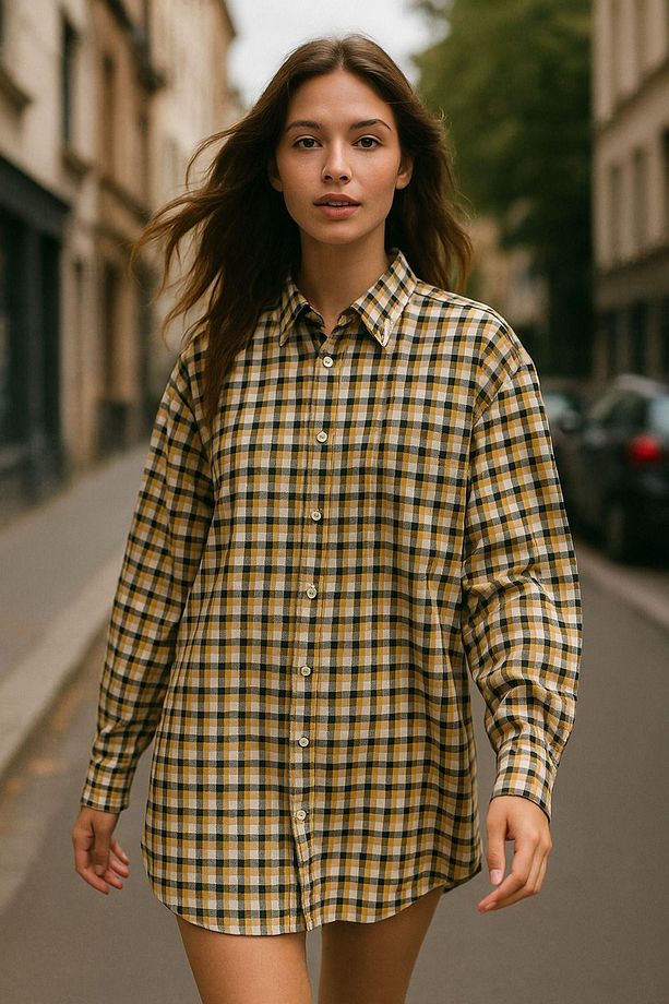 Kadın Sarı Oversize Ekoseli Gömlek Over Fit Relaxed Kareli Gömlek - 1