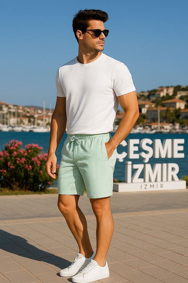 Erkek Şort Beyaz Çizgili Jakarlı Şort - 7