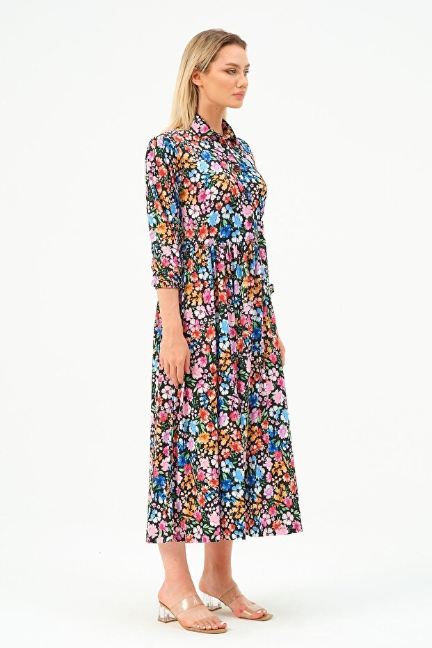 Rochie lungă, solidă, cu mânecă lungă, guler, cu nasturi - 5