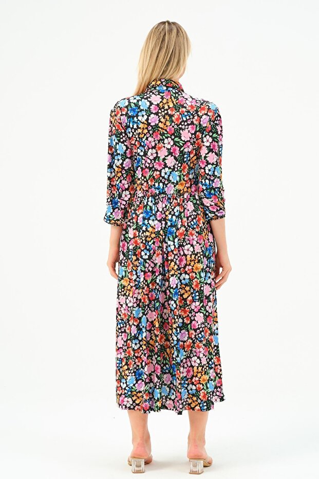 Rochie lungă, solidă, cu mânecă lungă, guler, cu nasturi - 7