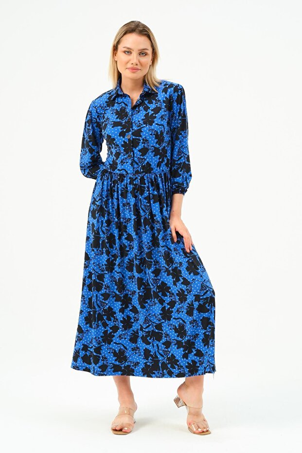 Rochie lungă, solidă, cu mânecă lungă, guler, cu nasturi - 2