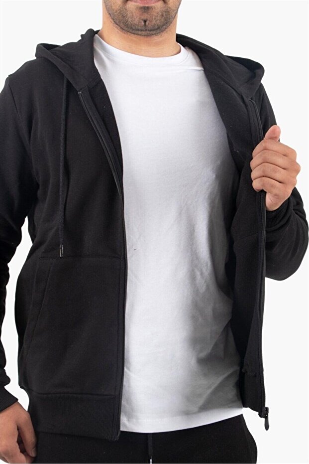 Raised Zippered Hooded Black Sweatshirt Fleece Cardigan