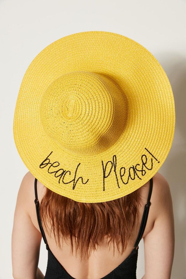 14232-9 Beach Please Yazılı Sarı Hasır Kloş Şapka - 4