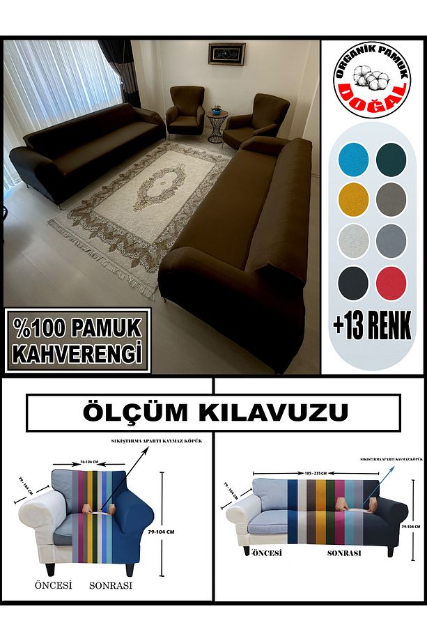 Pamuklu Fransız Kumaş 2 Adet Üçlü Çekyat-2 Adet Tekli Koltuk Kılıfı Seti, - 1