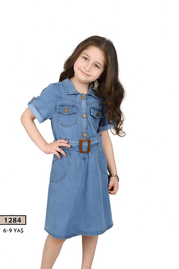 KIZ ÇOCUK KOT ELBİSE CEPLİ KEMERLİ YAZLIK MODEL - 1