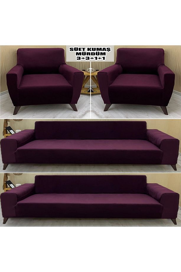 Süet Detaylı Angora Kumaş 2 Adet Üçlü & Çekyat- 2 Adet Tekli Set Koltuk Kılıfı - 1