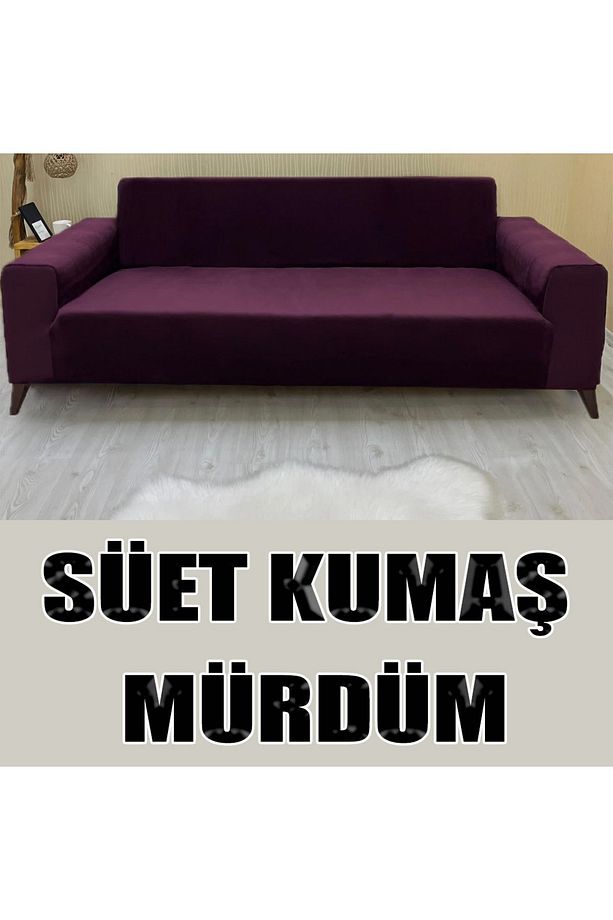 Süet Detaylı Angora Kumaş 2 Adet Üçlü & Çekyat- 2 Adet Tekli Set Koltuk Kılıfı - 3