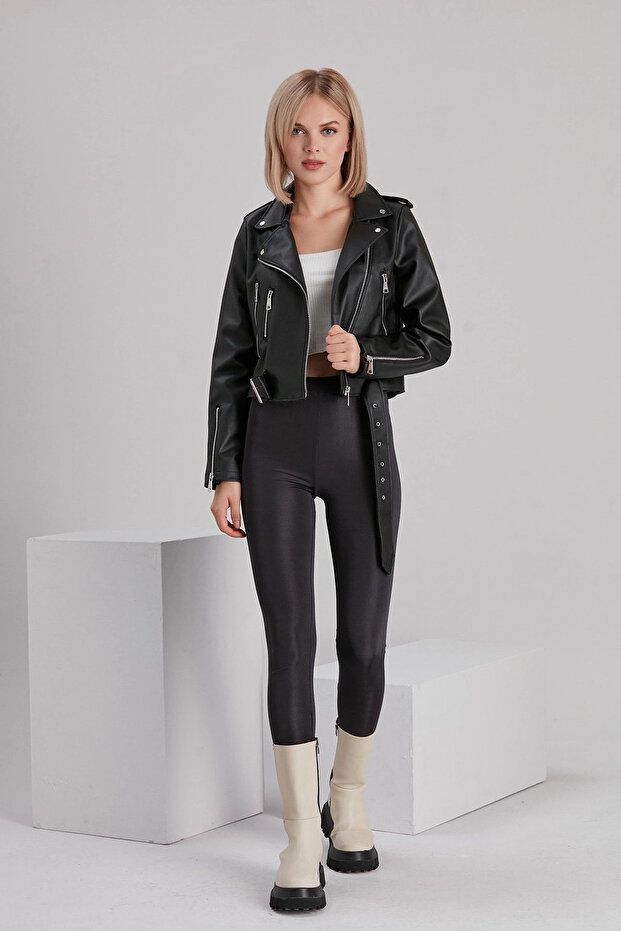 Černá kožená dámská bunda - 1