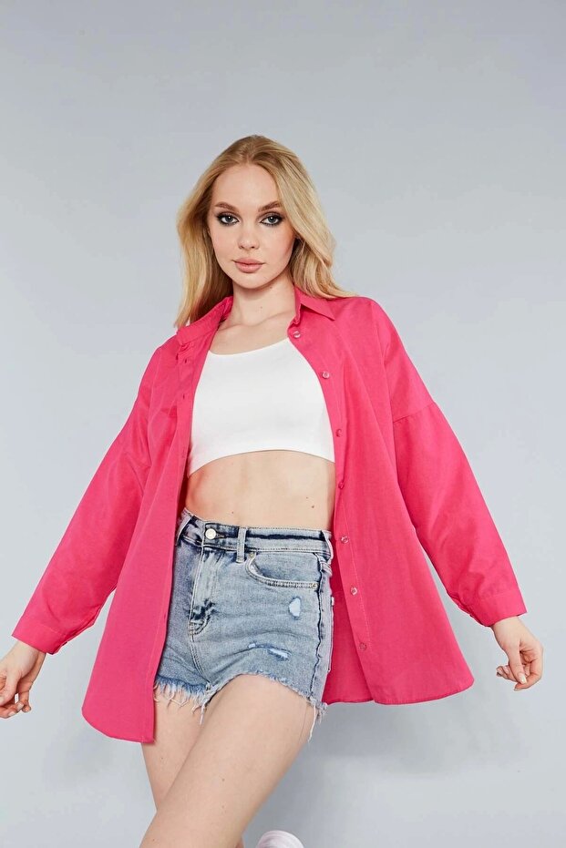 Kadın Koyu Pembe Oversize Uzun Basic Gömlek - 2