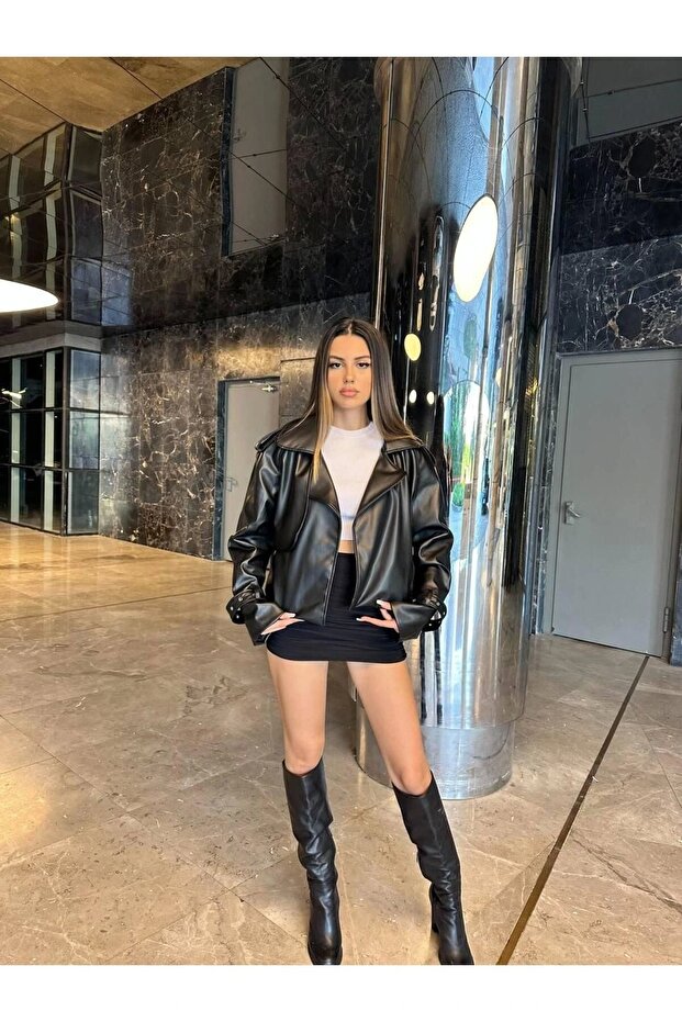 OVERSİZE SİYAH DERİ CEKET - 4