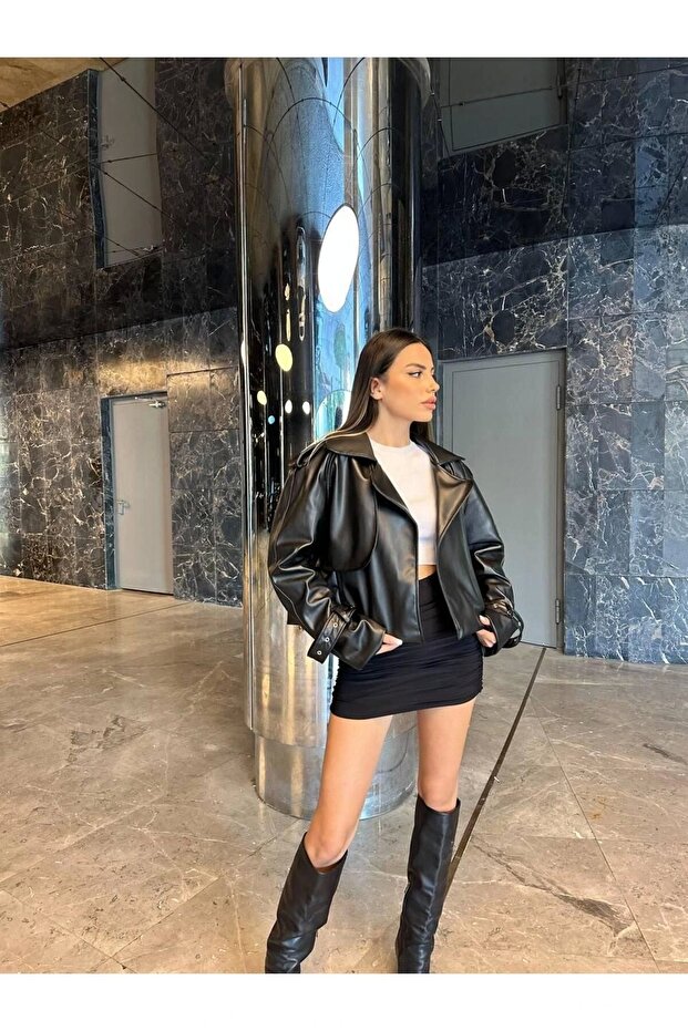 OVERSİZE SİYAH DERİ CEKET - 3