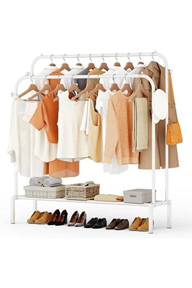 Clothes Rack for Bedroom with 2 Hanging Rails to Hang Clothes, 4 Clothe Hooks and Bottom Shelve for - 2