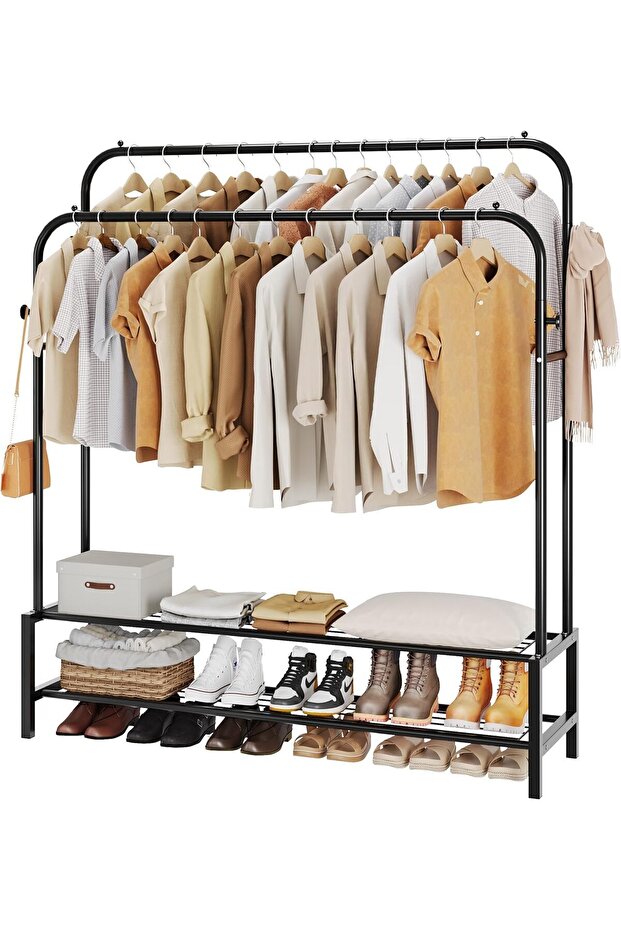 Multifunctional Bedroom Heavy Duty Clothes Rail with Double Rails, 4 Clothes Hooks Garment Rack for