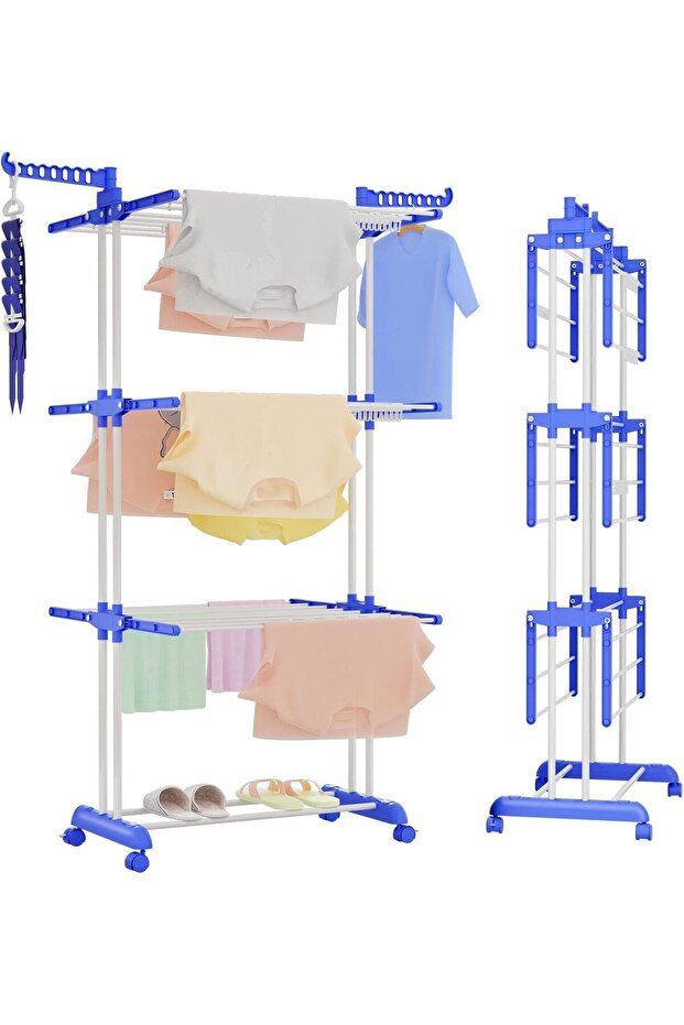 Clothes Drying Rack with 4 Castors,Folding Movable Clothes Rail Storage Rack, 4 Tier Clothes Horses