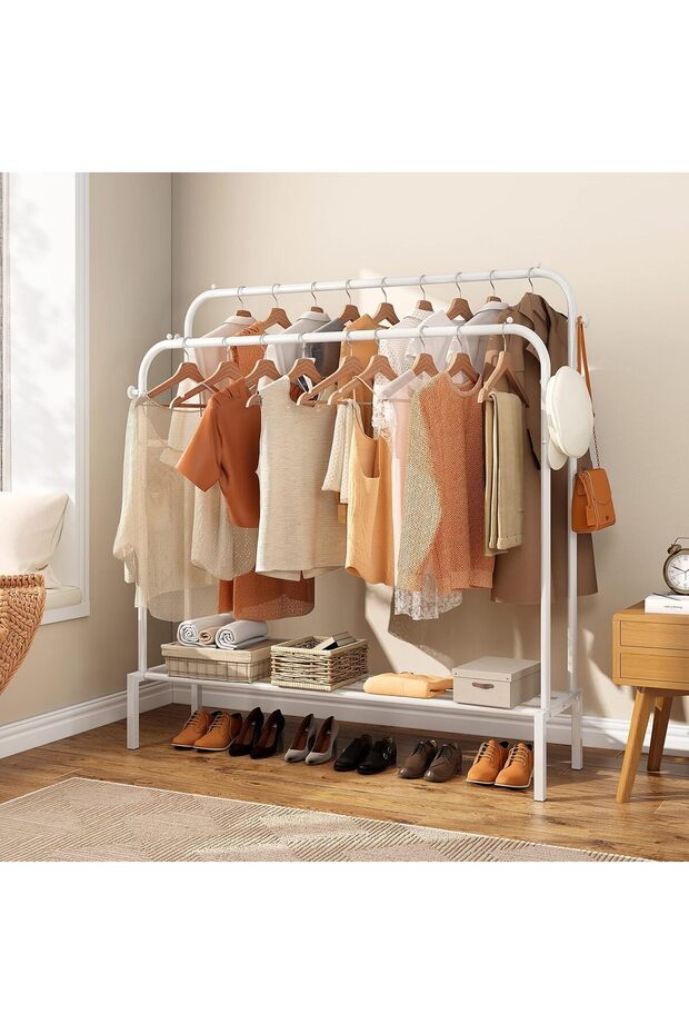 Clothes Rack for Bedroom with 2 Hanging Rails to Hang Clothes, 4 Clothe Hooks and Bottom Shelve for - 3