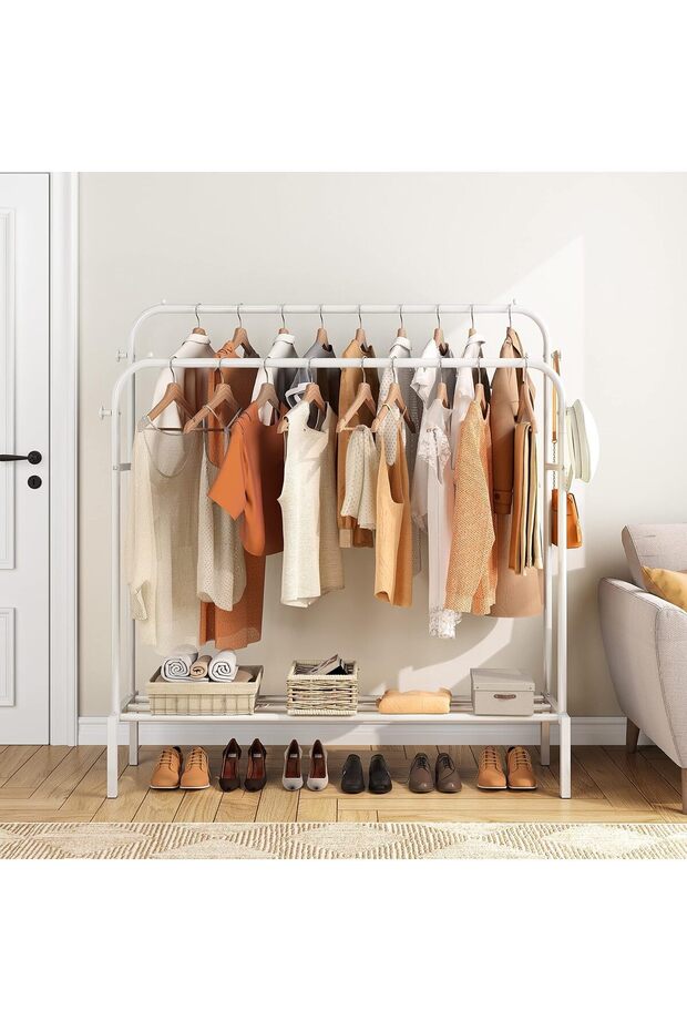 Clothes Rack for Bedroom with 2 Hanging Rails to Hang Clothes, 4 Clothe Hooks and Bottom Shelve for - 5