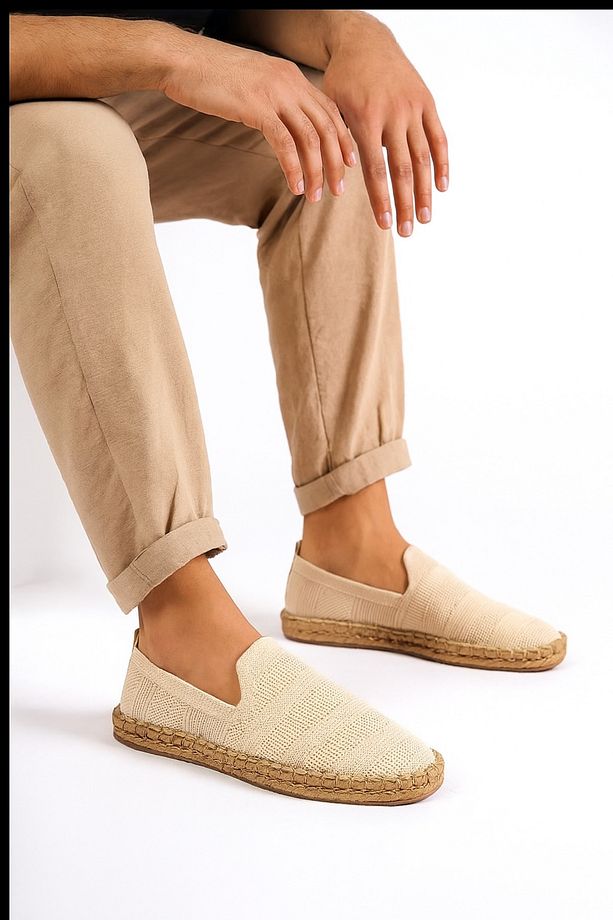 Erkek Bej El Yapımı Hasır Taban  Rahat Örme Triko Spor Günlük Espadril Ayakkabı Sneaker - 3
